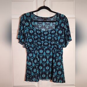 Susan Lawrence Teal & Navy Geometric Ruched Flutter-Sleeve Blouse Large